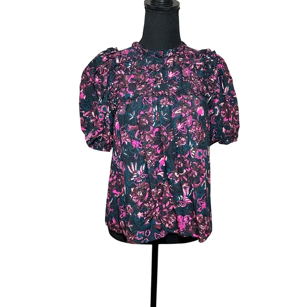 Ulla Johnson Pink Purple Floral Ruffle Puff Sleeve Blouse Top Size 0